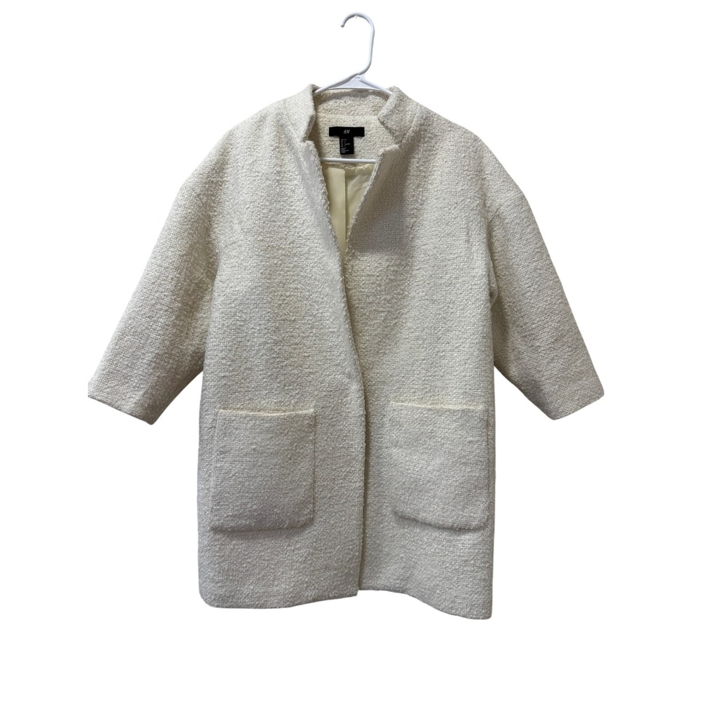 H&M Cream Bouclé Collarless Coat Women's Size 4 Open Front Snap Textured Pockets